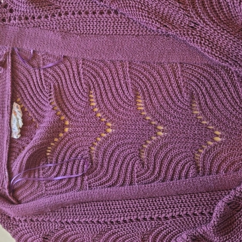 B26 Open Front Cardigan Sweater Pockets Pink Republic Size Md Eggplant Lacy - Picture 2 of 9